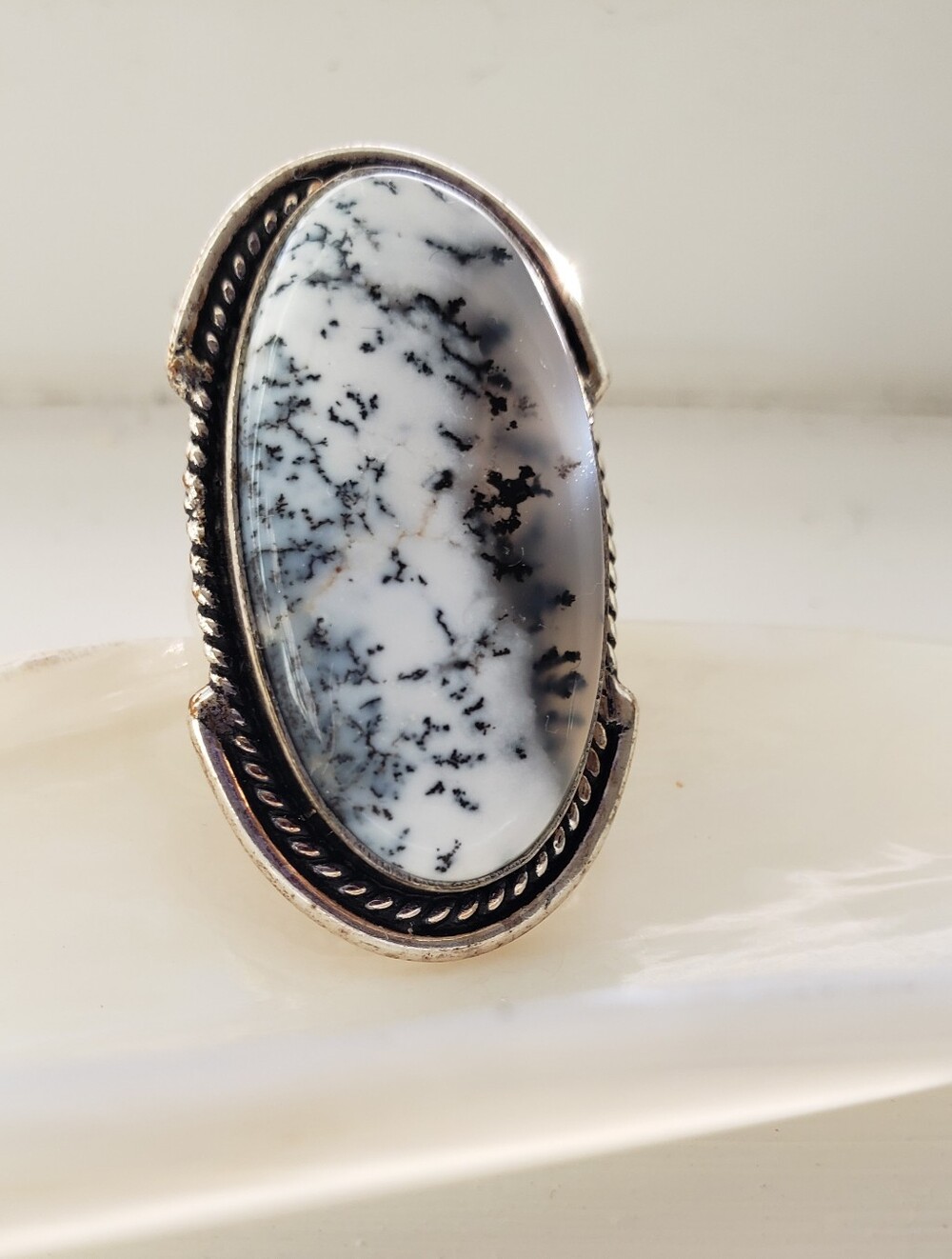 NEW Sterling Stamped 925 Dendritic Opal Statement Ring, Black & White Large Oval